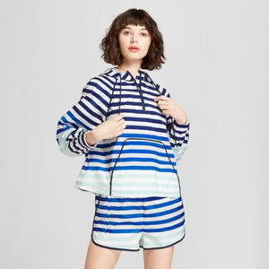 Hunter:Women's Striped HalfZip Hooded Jacket BLUE